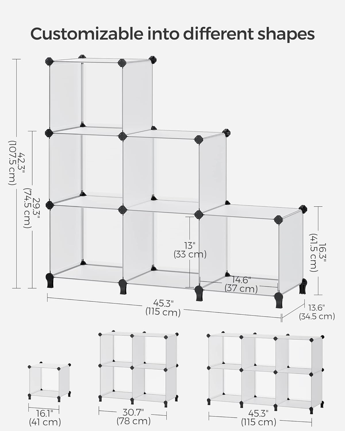 6 Cube Storage Organizer, Modular Bookshelf, DIY Closet Organizers and Storage, Plastic Stackable Shelves, 14.6 x 13 x 13 Inch Cubes, with Feet and Rubber Mallet, White ULPC206W01