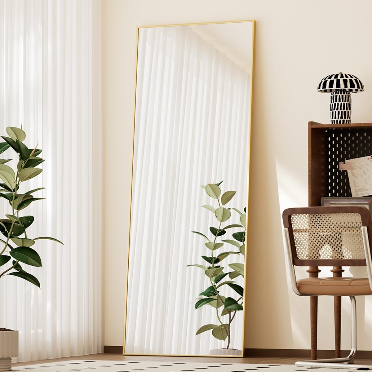 BEAUTYPEAK Full Length Mirror with Stand, 56inchx21inch Floor Mirror with Aluminum Alloy Thin Frame, ShatterVue Tempered Full Body Mirrors, Free Standing or Wall-Mounted Mirrors for Living Room, Gold