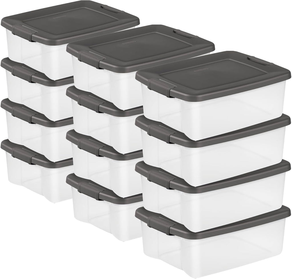 Sterilit 12-Pac ShelfTote Clea Plasti Storag Bin wit Lids 2 Quart Gra Stackabl Organizin Containe Boxe fo Closet Bathroom an Office