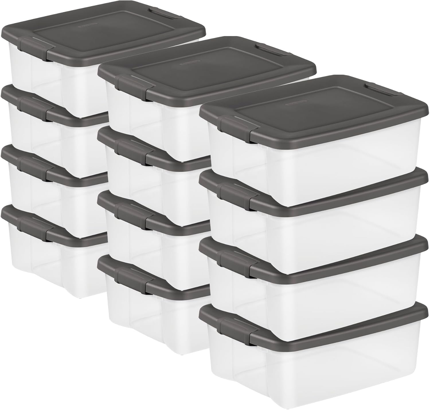 Sterilit 12-Pac ShelfTote Clea Plasti Storag Bin wit Lids 2 Quart Gra Stackabl Organizin Containe Boxe fo Closet Bathroom an Office
