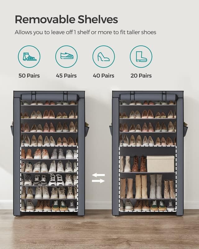 10-Tier Shoe Rack, Shoe Storage Cabinet with Dustproof Cover, Free-Standing Shoe Storage Organizer for Closet, Entryway, Hold 40-50 Pairs of Shoes, for Sneakers, High Heels, Gray URXJ36G