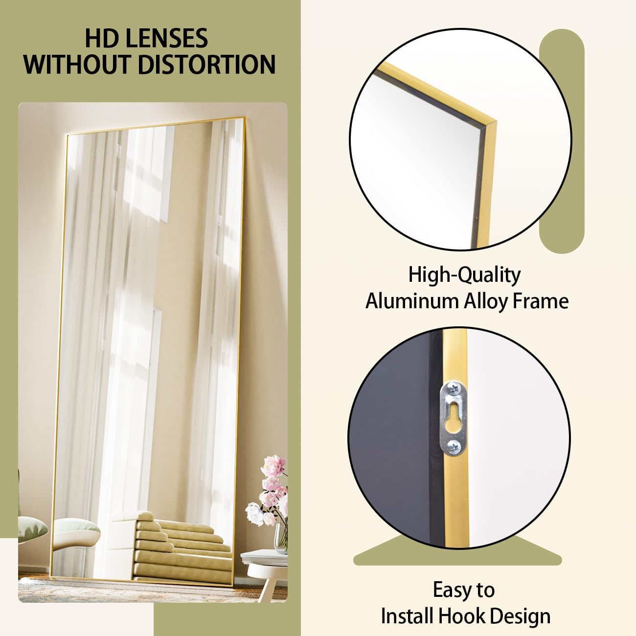 BEAUTYPEAK Full Length Mirror with Stand, 56inchx21inch Floor Mirror with Aluminum Alloy Thin Frame, ShatterVue Tempered Full Body Mirrors, Free Standing or Wall-Mounted Mirrors for Living Room, Gold