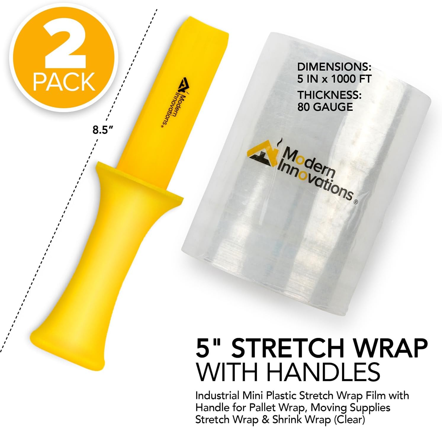 Mini Stretch Wrap 5 Inch Plastic Stretch Film for Pallet Wrap - Stretch Wrap for Moving Supplies - 5 Inch x 1000 Feet, 70 Gauge, 2 Pack with Handles