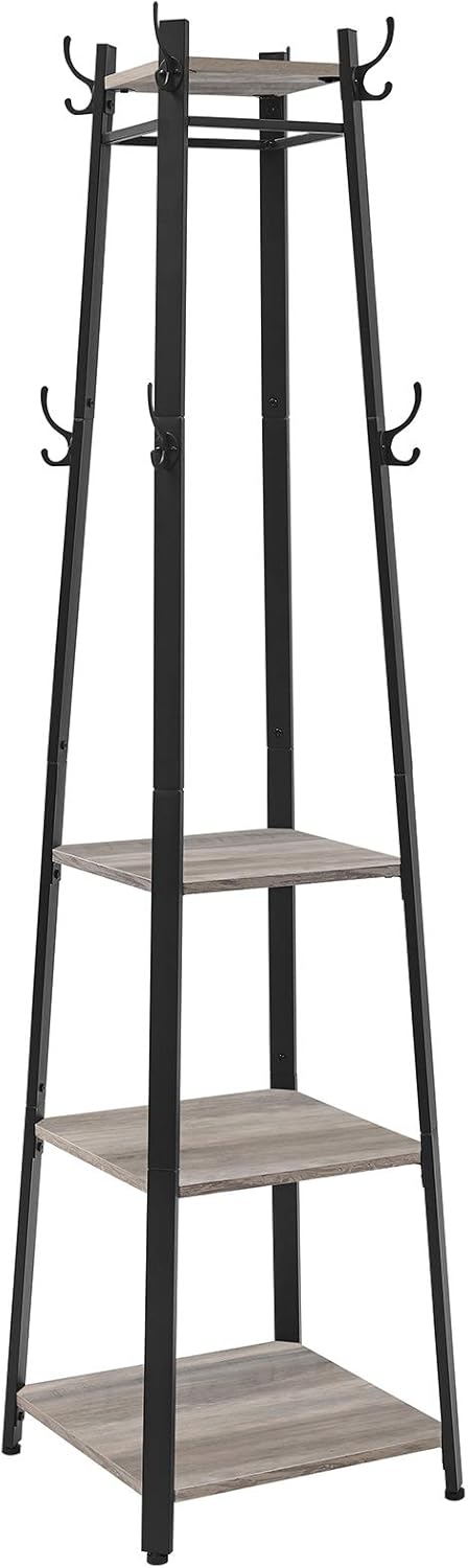 VASAGLE Coat Rack, Coat Stand with 3 Shelves, Hall Tree Free Standing with Hooks for Scarves, Bags, Umbrellas, Steel Frame, Industrial Style, for Entryway, Living Room, Greige and Black ULCR080B02