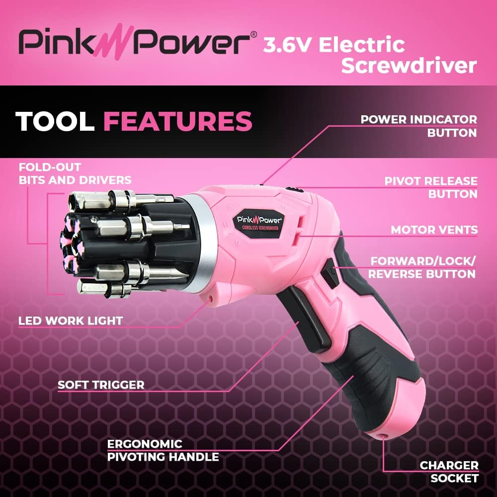 Pin Powe Cordles Electri Screwdrive Se 3.6 Rechargeabl Pin Cordles Screwdrive Se fo Wome wit Bubbl Leve an LE Ligh Smal Scre drive wit Pivota Handl an Fold-Ou Bits