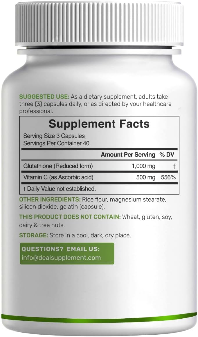 Glutathion Supplemen 1,000m Pe Serving 98 Purit Plu Vitami 500mg Activ Reduce For (GSH Intracellula Antioxidan Support Detoxificatio Immun Health