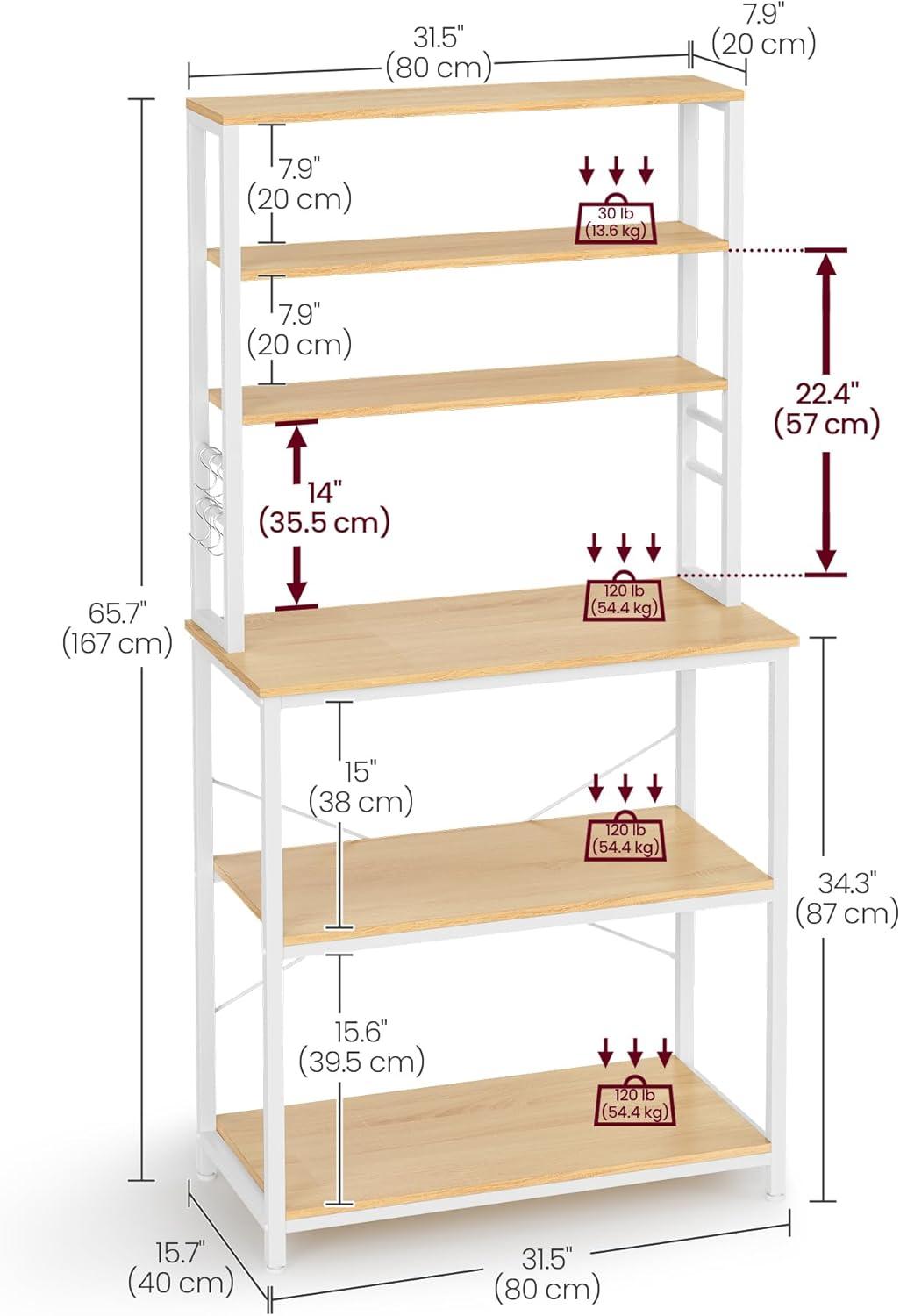 VASAGLE Coffee Bar, 31.5 Inches Baker's Rack for Kitchen with Storage, 6-Tier Kitchen Shelves with 6 Hooks, Microwave Stand, Modern, Golden Oak and Cloud White UKKS019W09