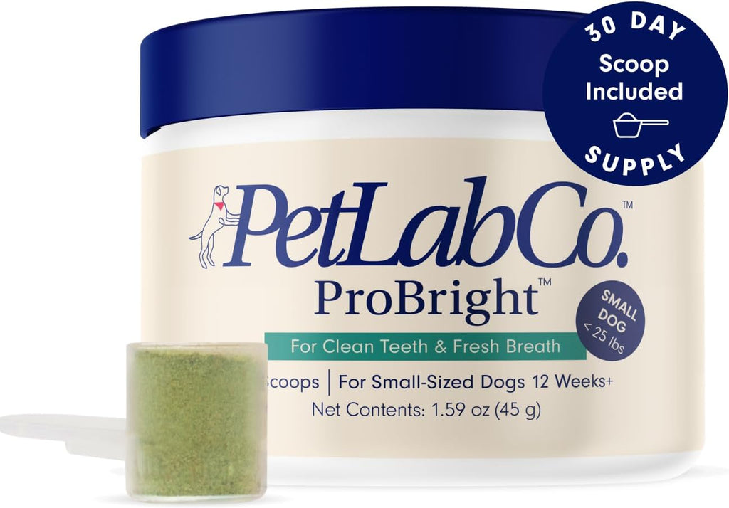 PetLab Co. ProBright Dental Powder - Dog Breath Freshener - Teeth Cleaning Made Easy ¨C Targets Tartar Bad Breath - Formulated for Small Dogs - Packaging May Vary