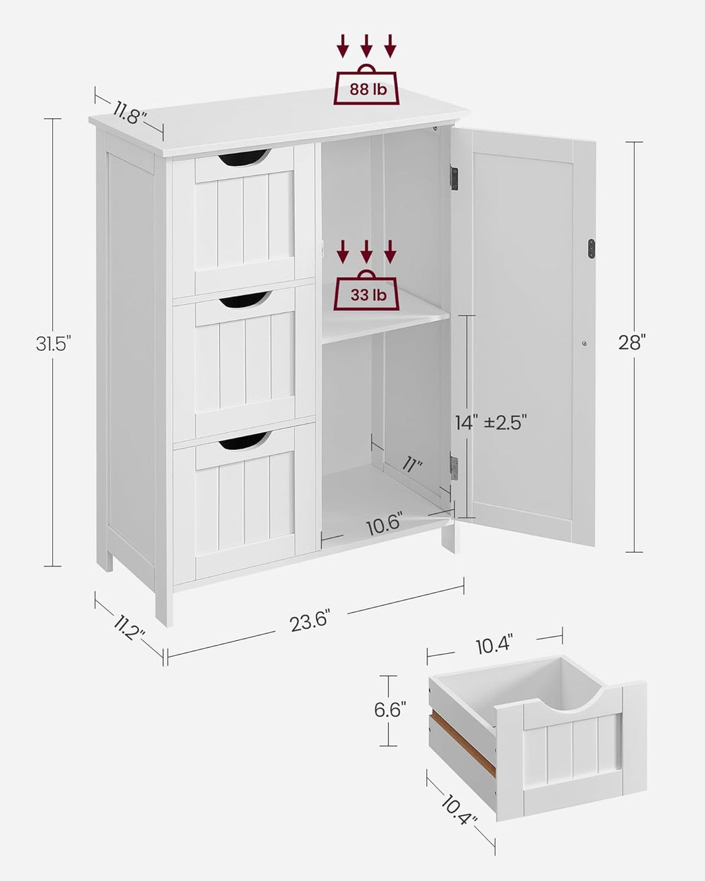 Floor Storage Cabinet, Freestanding Storage Unit with 3 Drawers, 1 Adjustable Shelf, for Bathroom Living Room Dining Kitchen, 11.8 x 23.6 x 31.5 Inches, White UBBC49WT