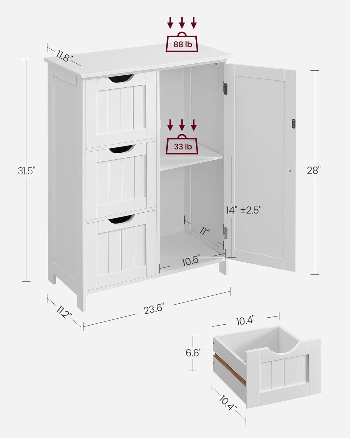 Floor Storage Cabinet, Freestanding Storage Unit with 3 Drawers, 1 Adjustable Shelf, for Bathroom Living Room Dining Kitchen, 11.8 x 23.6 x 31.5 Inches, White UBBC49WT