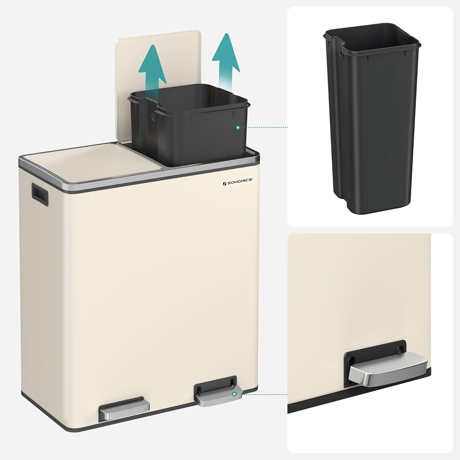 Trash Can, 2 x 8 Gallon (2 x 30 L) Garbage Can for Kitchen, with 15 Trash Bags, 2 Compartments, Plastic Inner Buckets and Hinged Lids, Airtight, Almond Color ULTB201A01