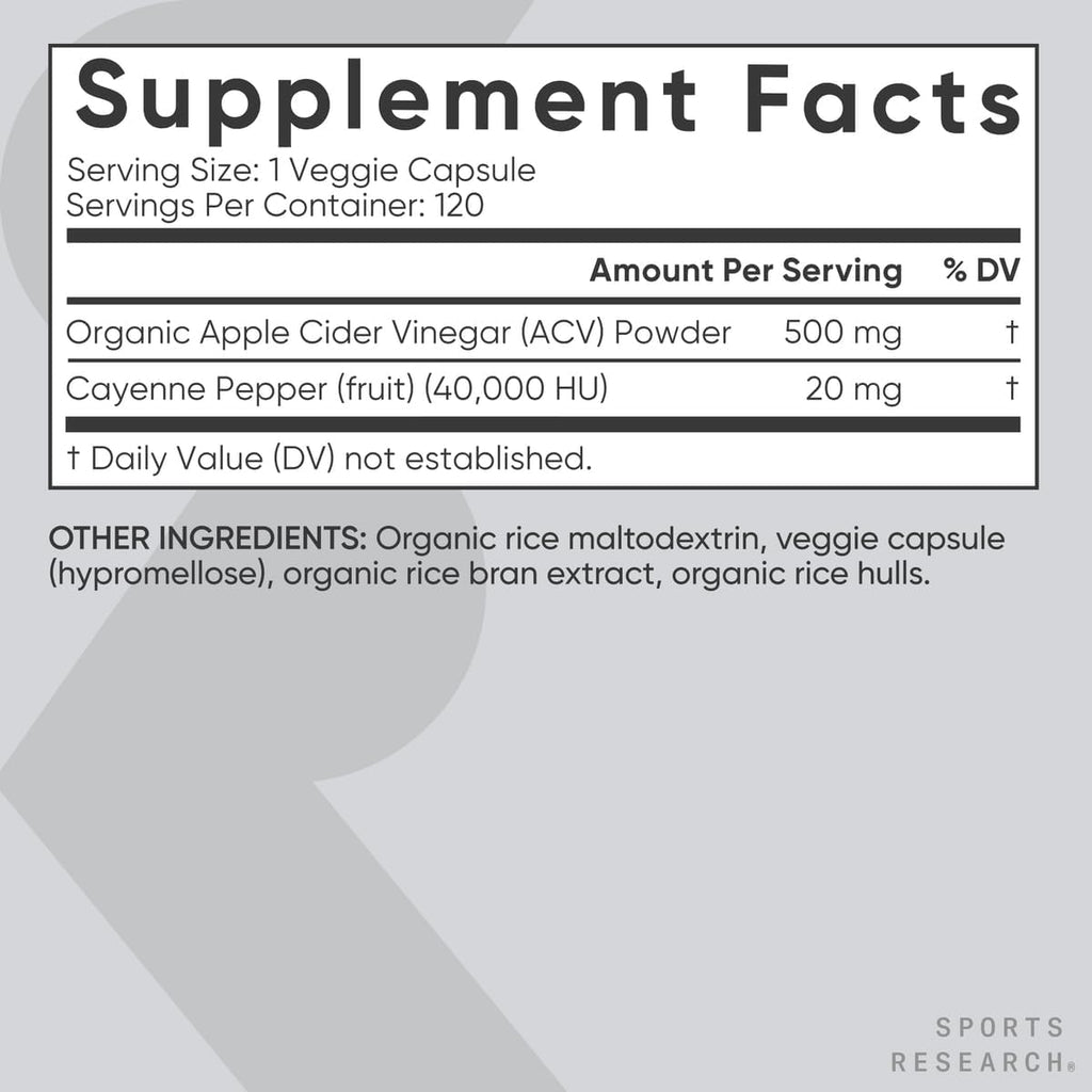 Sports Research Apple Cider Vinegar with Cayenne Pepper | Made from Organic Fermented Apple Cider - Non-GMO Project Verified Vegan Certified (120 Veggie Capsules)