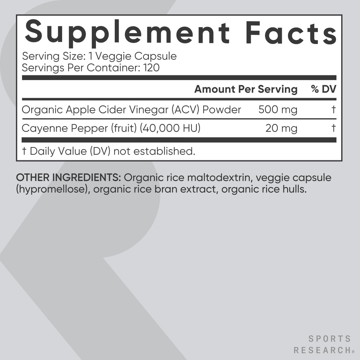Sports Research Apple Cider Vinegar with Cayenne Pepper | Made from Organic Fermented Apple Cider - Non-GMO Project Verified Vegan Certified (120 Veggie Capsules)