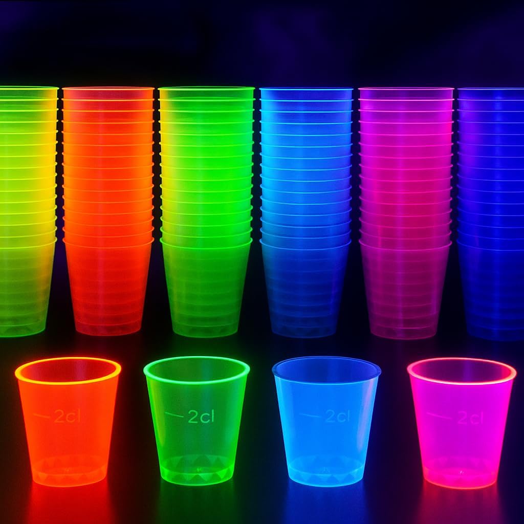 MATANA 150 Neon Plastic Shot Glasses (1oz), Party Shot Cups for Wine Tasting, Condiments, Sauce, Jello Shots & More - Sturdy & Reusable