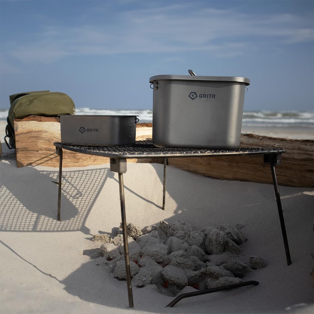 GRIT Titaniu Cantee Mes Ki Compac Portabl Campin Ope Fir Cookwar Se fo Backpacking Hiking Fishin Ultraligh Durabl Outdoo Cam Cookin Utensil Storag Ba Included