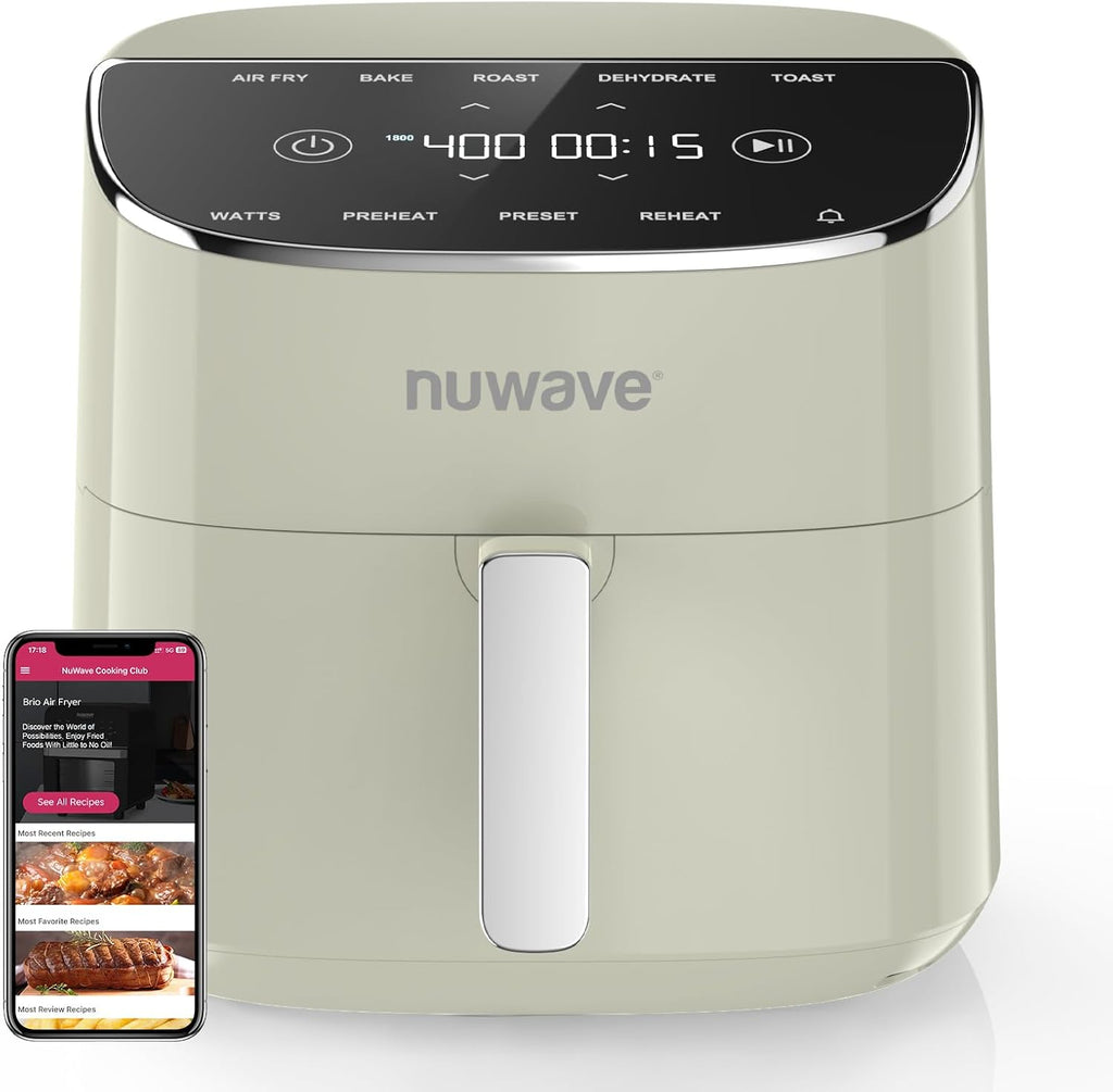 Nuwave Brio Plus Air Fryer 8 Qt, New & Improved, PFAS-FREE, 7 Digital One-Touch Cook Functions that AIR FRY, BAKE, ROAST, DEHYDRATE, TOAST, REHEAT, PREHEAT, 150 Presets, 50¡ãF~400¡ãF (Cream)