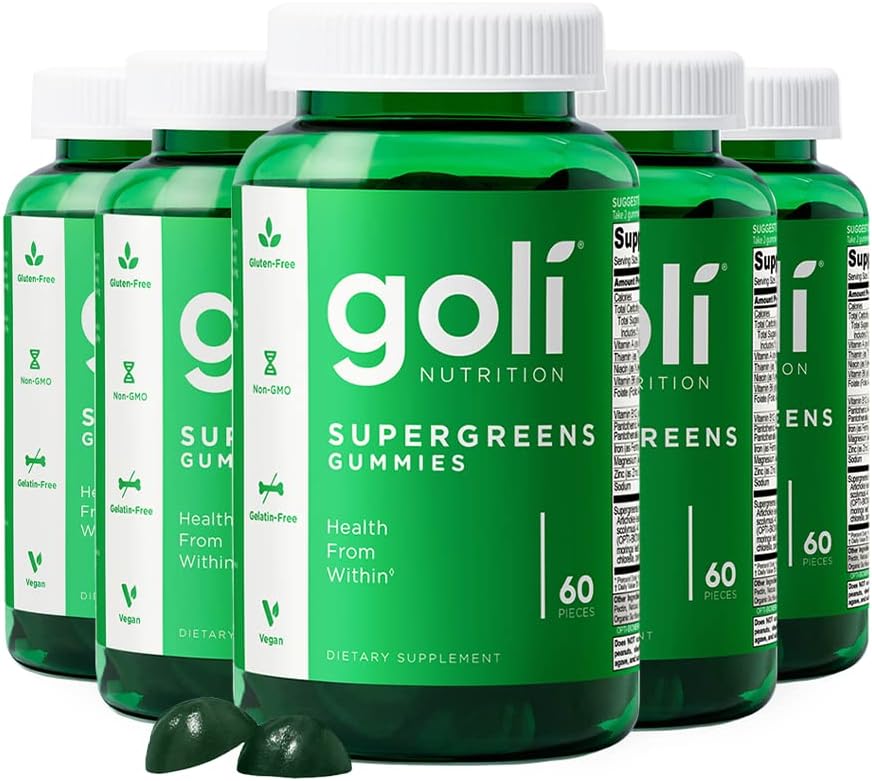 Goli Supergreens Gummies with Probiotics - Artichoke Leaf Extract, Spirulina, Kale, Vitamins A, B6, B12 - Vegan, Gluten-Free, Non-GMO - 300 Count (5 Pack)