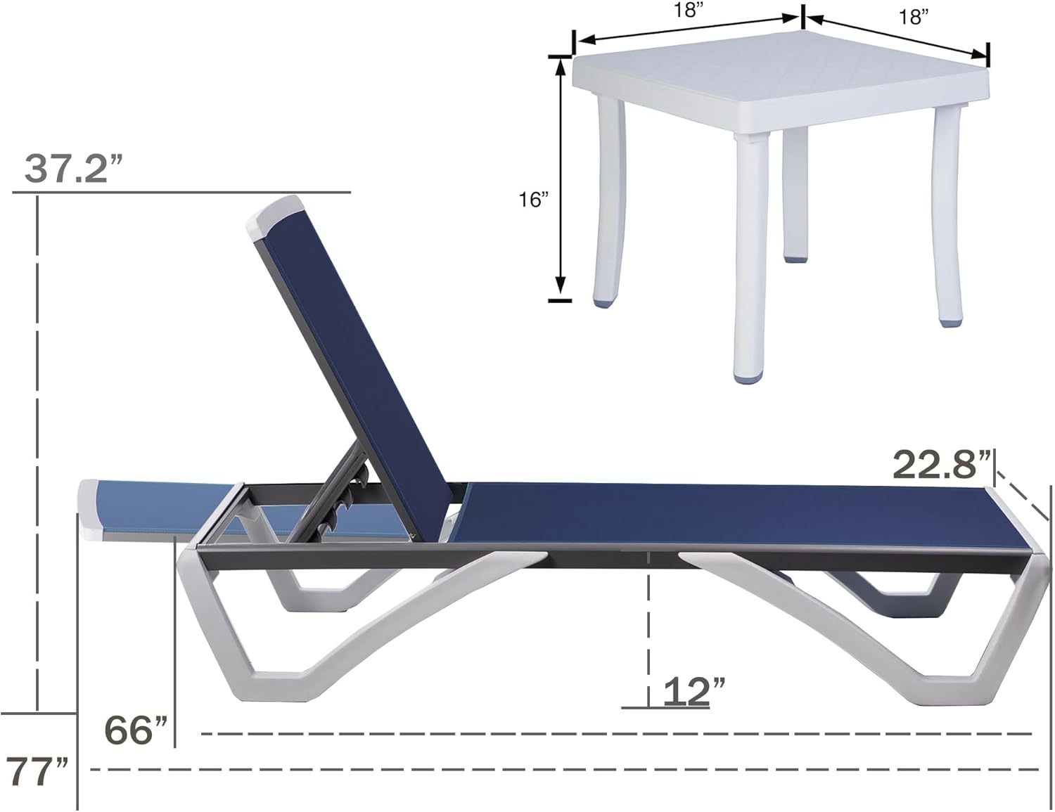 Kozyard Patio Chaise Lounge Chair - Full Flat Alumium & Resin Legs, Outdoor Reclining Adjustable Chair for Sunbathing, Beach, Patio, Lounge Set or Patio Table (NavyBlue Textilence W/Table)