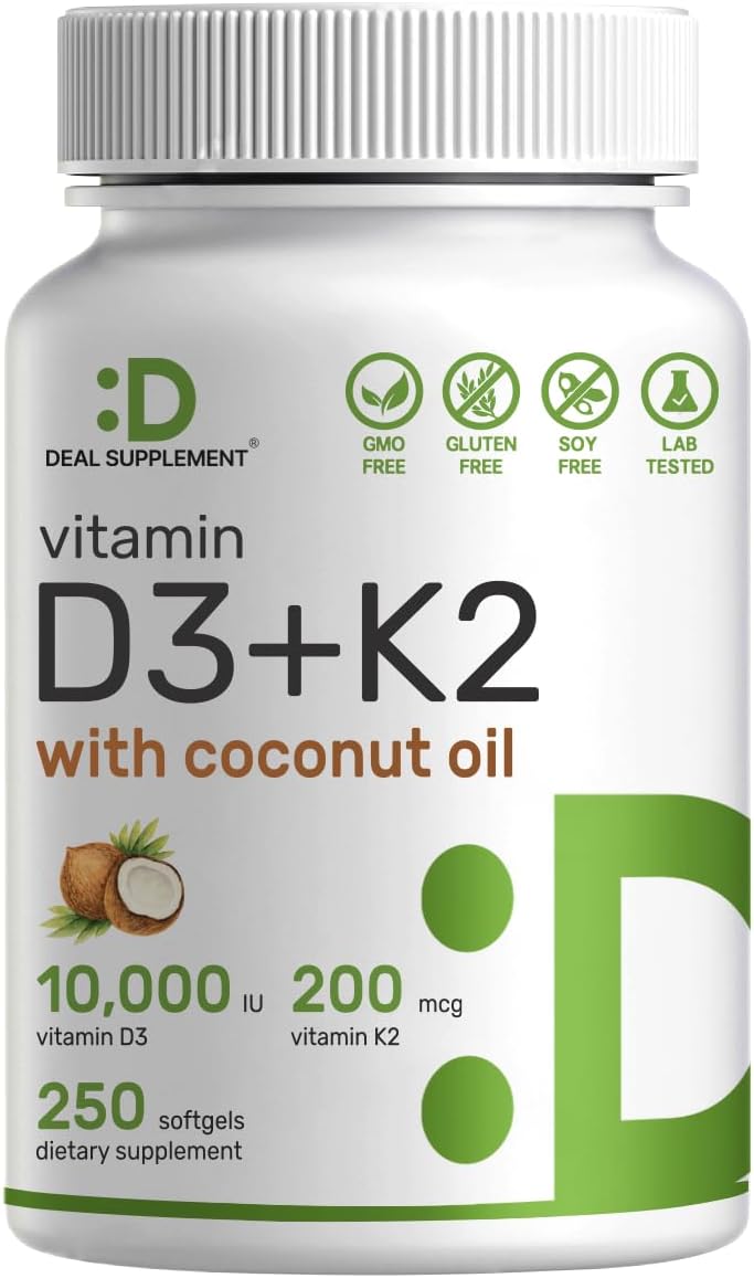 DEA SUPPLEMEN Vitami D 10,00 I K MK 200mc Softgels 25 Coun 2-in- Comple wit Virgi Coconu Oi Support Heart Bone Teet Immun Health Eas t Swallow
