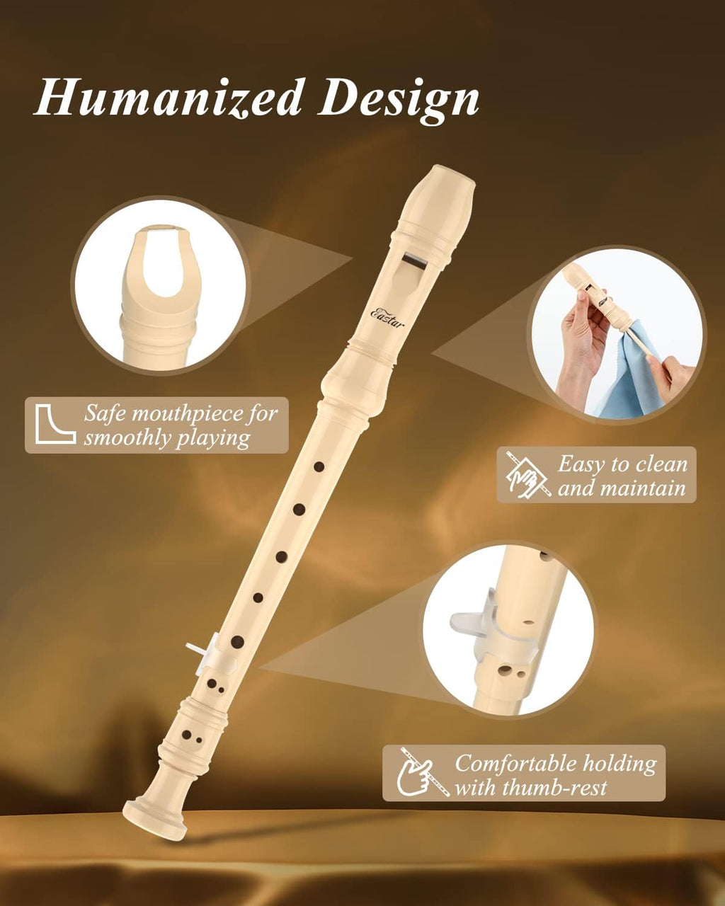 Eastar Soprano Recorder Instrument for Kids Beginner, Baue Fingering C Key with Cleaning Kit, Thumb Rest, Cotton Bag, Fingering Chart, ERS-21BN, Natural, School-Approved