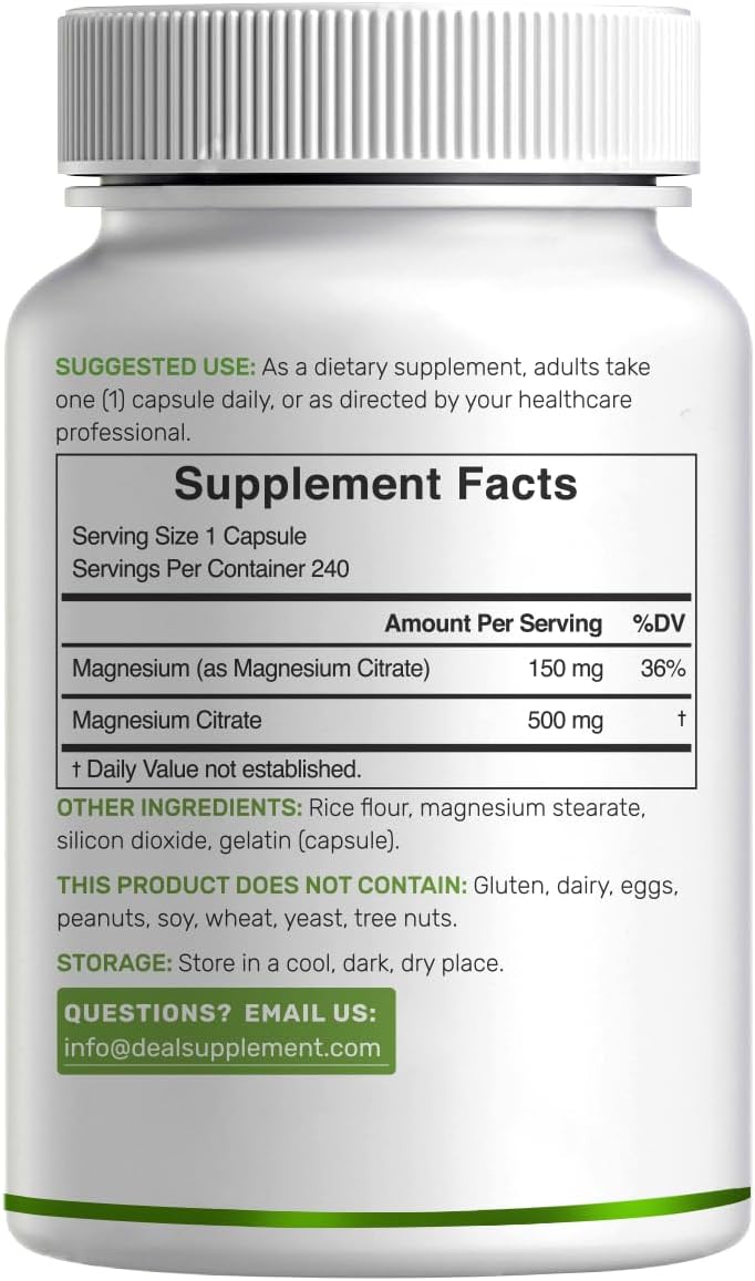 DEA SUPPLEMEN Magnesiu Citrat 500mg 24 Capsule Easil Absorbed Purifie Trac Minera Muscle Heart Digestiv Suppor On Day Non-GMO