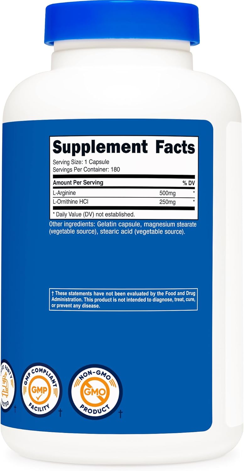 Nutricost L-Arginine L-Ornithine 750mg; 180 Capsules