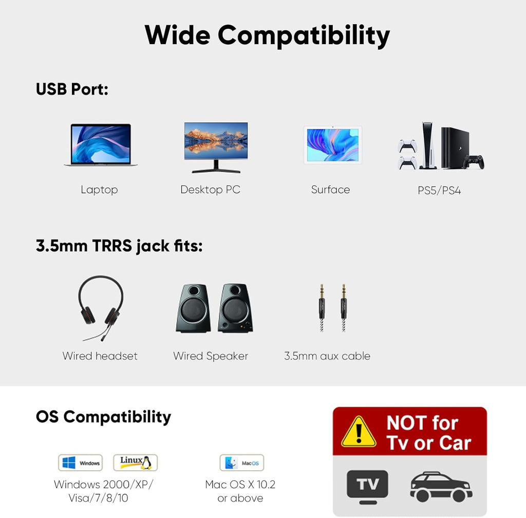 CableCreation USB Audio Adapter - External Sound Card with 3.5mm Headphone and Microphone Jack for Windows, Mac, Linux, PC, PS4, Laptops - Plug and Play, No Drivers Needed (White)