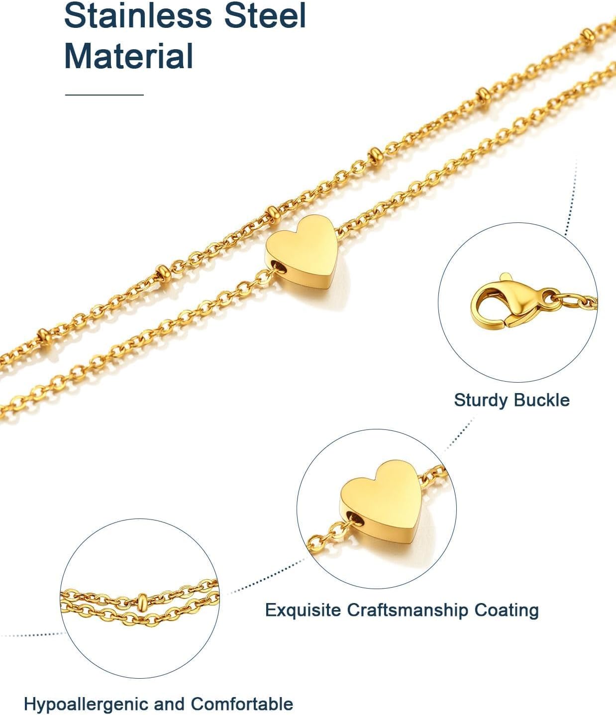 ChainsPro Womens S925 Sterling Silver Adjustable Anklet, Heart/Moon/Handcuff Ankle Bracelet,Summer Foot Jewelry, Stainless Steel/Gold Plated(Send Gift Box)