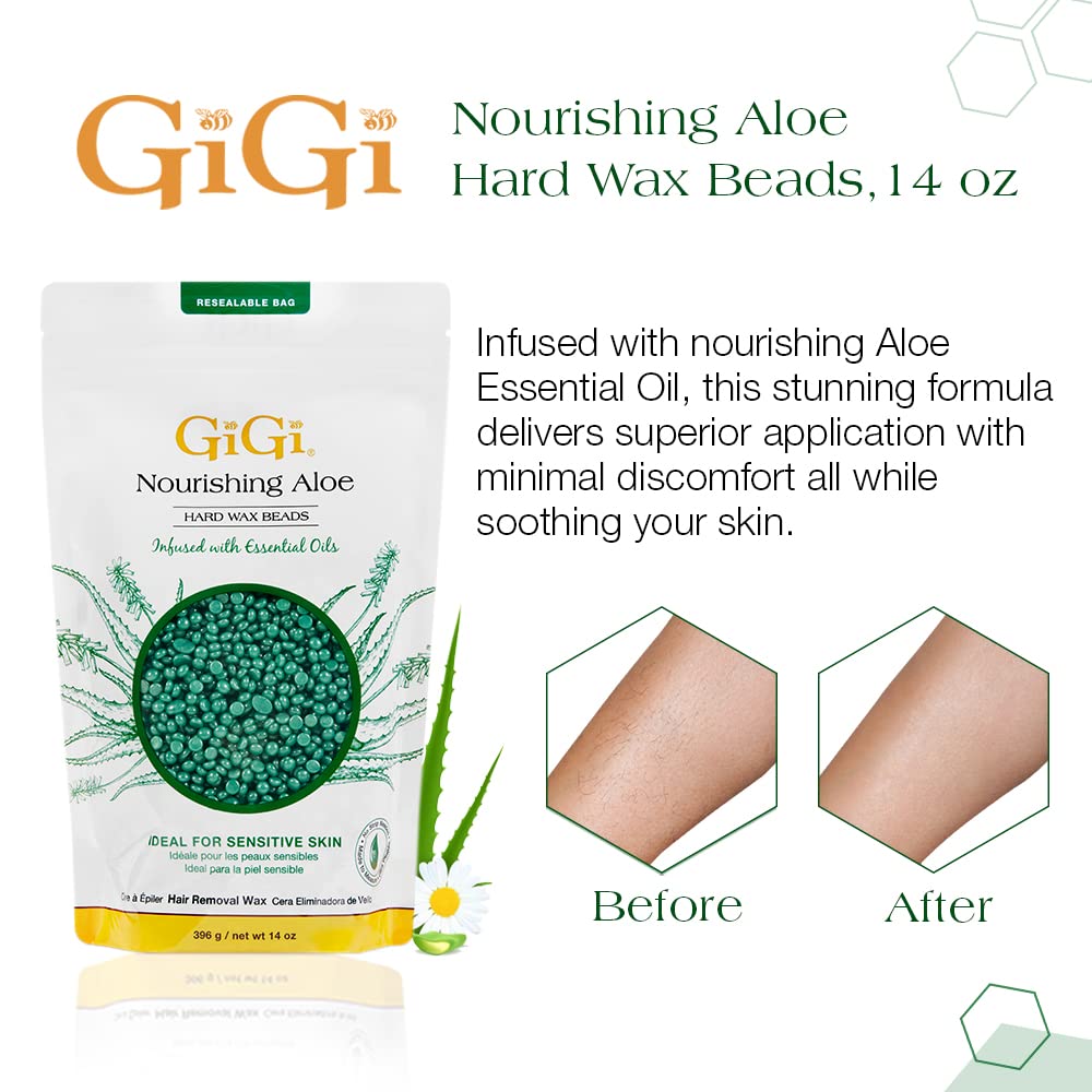 GiGi Hard Wax Beads for Sensitive Skin ¨C Nourishing Aloe, Wax Beads for Hair Removal, Perfect for Face, Body, Bikini, Brazilian Waxing, 14 oz