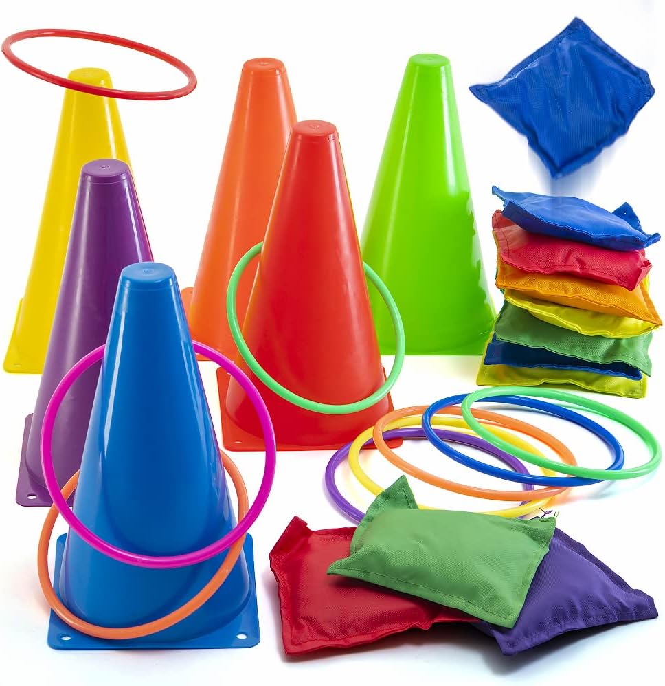 Prexte Multicolore 3-in- Yar Gam Se Rin Tos Game Bea Bags Cone Outdoo Toy fo Toddler Kids Children' Indoo Play Famil Fu Carniva Games Kid Part Cornhol Set Law Games