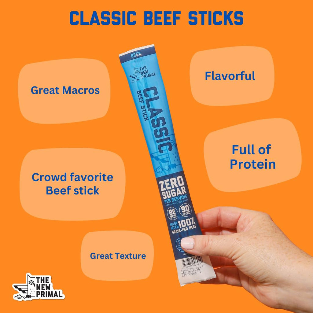 The New Primal Grass Fed Beef Sticks, Keto, Gluten Free Healthy Snacks for Adults, Sugar Free Low Carb High Protein Snack, Paleo Whole30 Jerky Meat Stick, 8g Protein, 90 Calories, 20 Pack