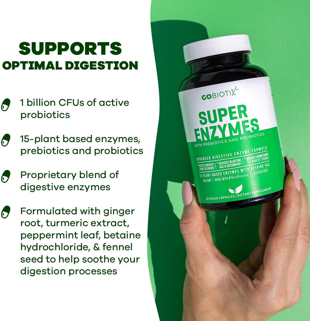 GOBIOTIX Digestive Enzymes Supplement with Prebiotics and Probiotics for Women and Men - Gut Health, Gluten Digestion, Lactose Absorption, Plant Based Dietary Pills - 120 Capsules