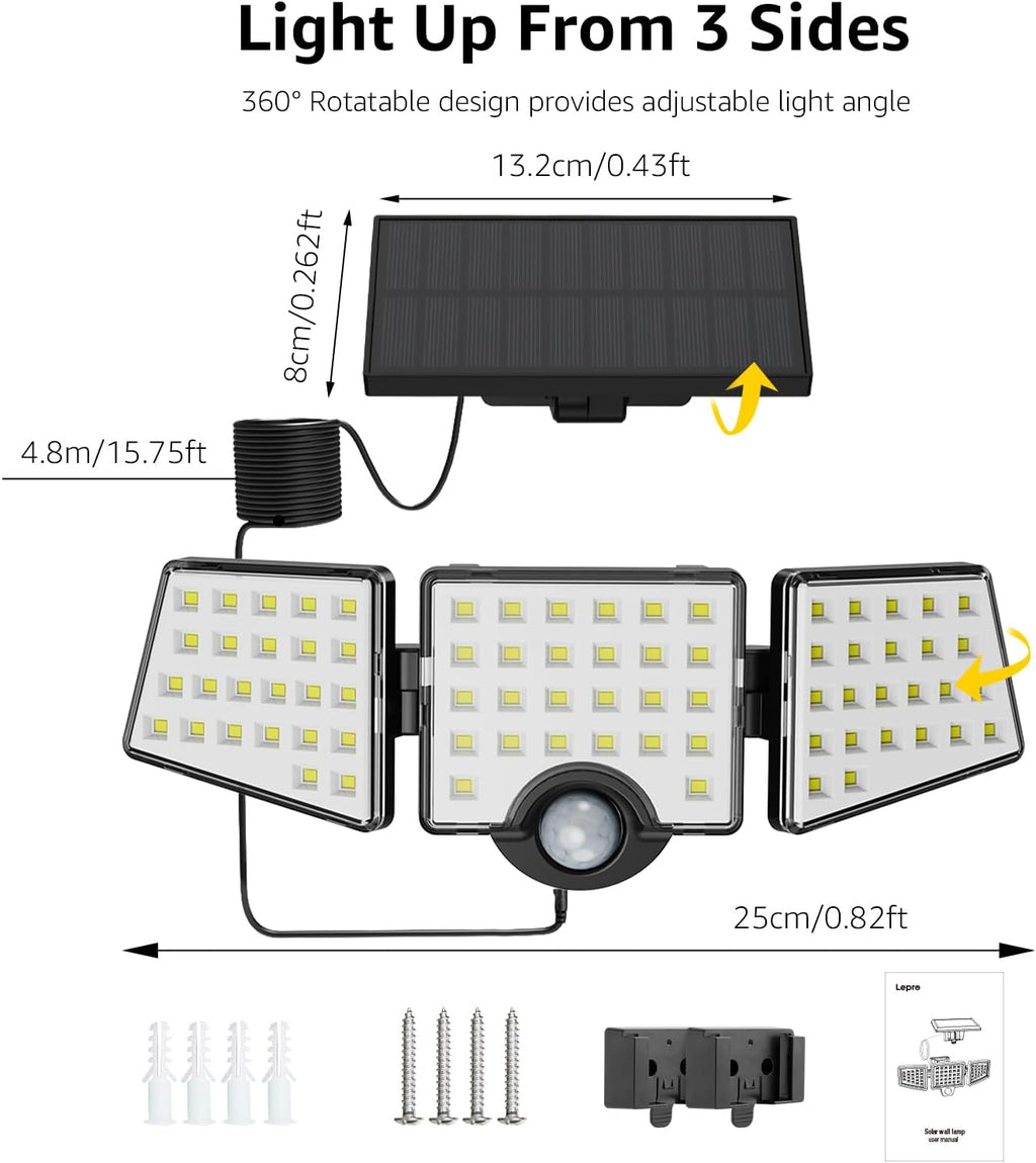 Solar Lights for Outside, WL5000 Motion Activated Security Lights, Separate Solar Panel, 3 Adjustable Head 270¡ã Wide Lighting Angle, IP65 Waterproof Wall Lamp for Porch Yard Garage, 2 Packs
