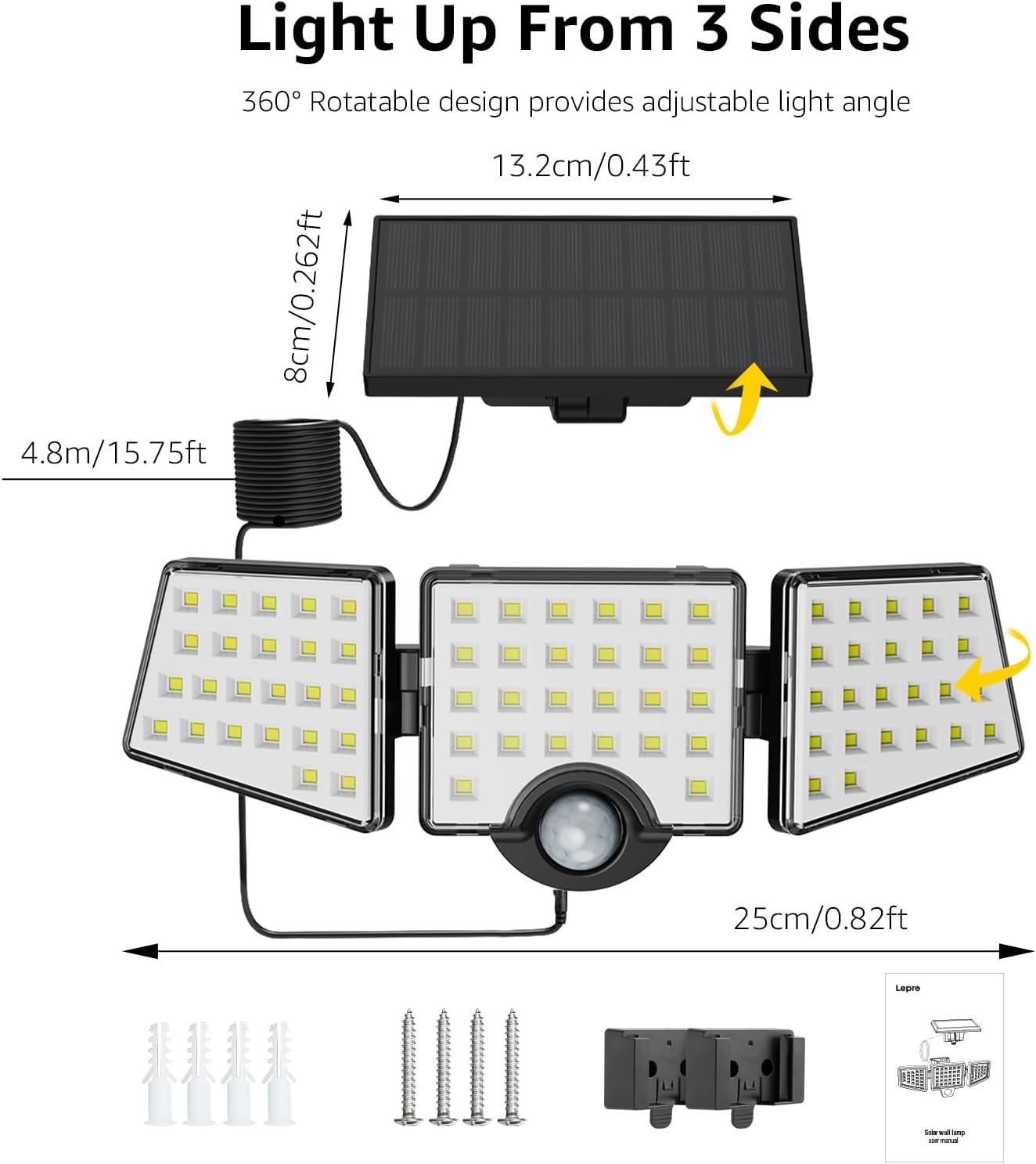 Solar Lights for Outside, WL5000 Motion Activated Security Lights, Separate Solar Panel, 3 Adjustable Head 270¡ã Wide Lighting Angle, IP65 Waterproof Wall Lamp for Porch Yard Garage, 2 Packs