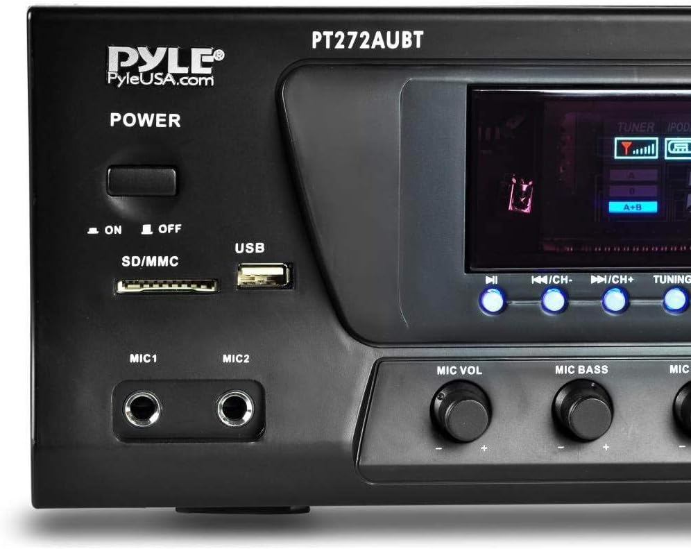 Pyle Wireless Bluetooth Audio Power Amplifier - 300W 4 Channel Home Theater Stereo Receiver with USB, AM FM, 2 Mic IN with Echo, RCA, LED, Speaker Selector, For Studio, Home Use, Black - PT272AUBT