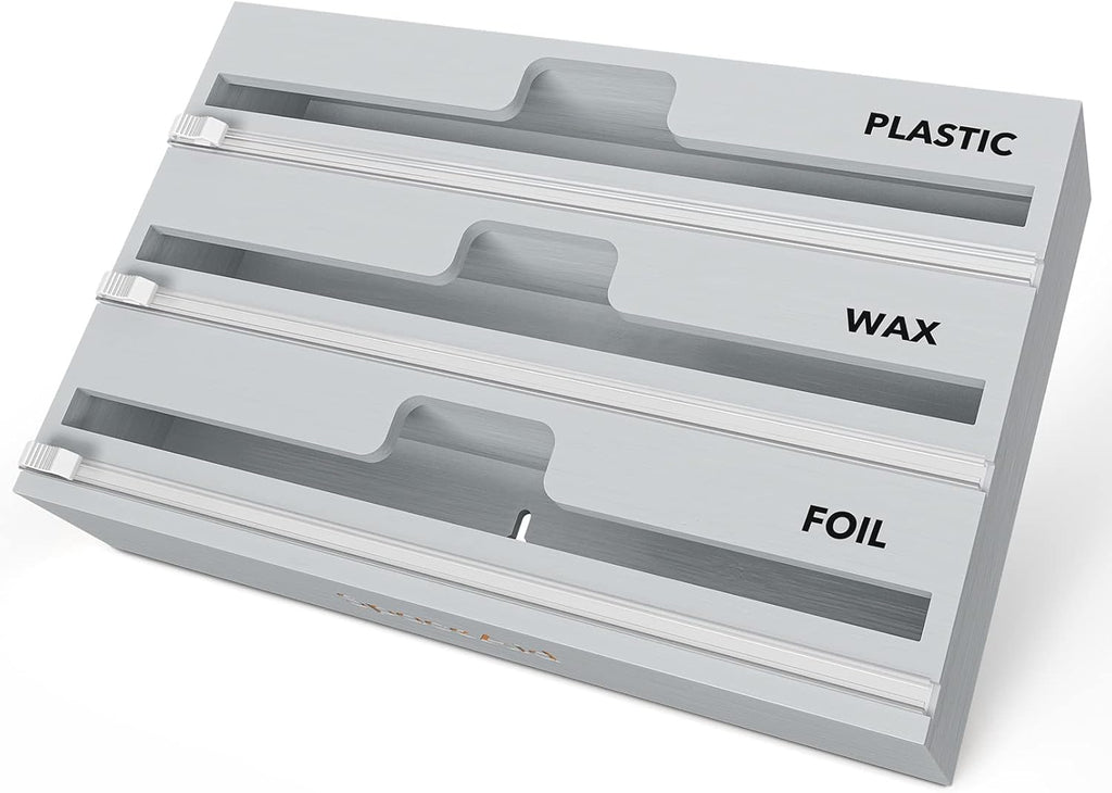 SpaceAid WrapNeat 3 in 1 Wrap Organizer with Cutter and Labels, Plastic Wrap, Aluminum Foil and Wax Bamboo Dispenser for Kitchen Storage Organization Holder for 12inch Roll (Gray)