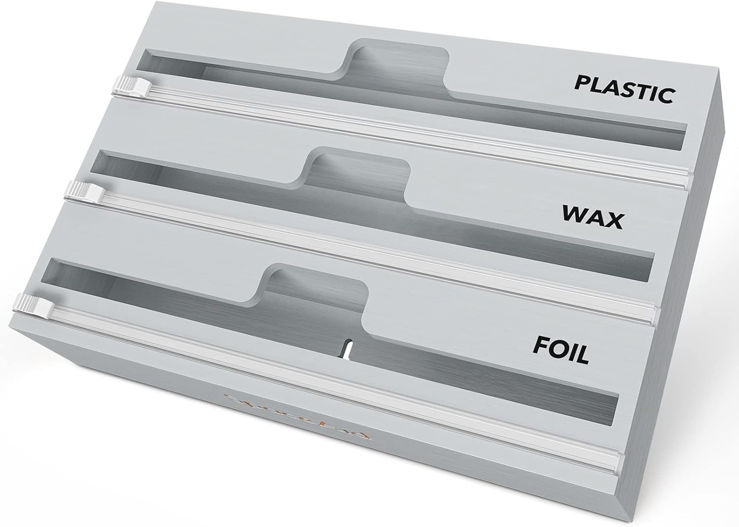SpaceAid WrapNeat 3 in 1 Wrap Organizer with Cutter and Labels, Plastic Wrap, Aluminum Foil and Wax Bamboo Dispenser for Kitchen Storage Organization Holder for 12inch Roll (Gray)
