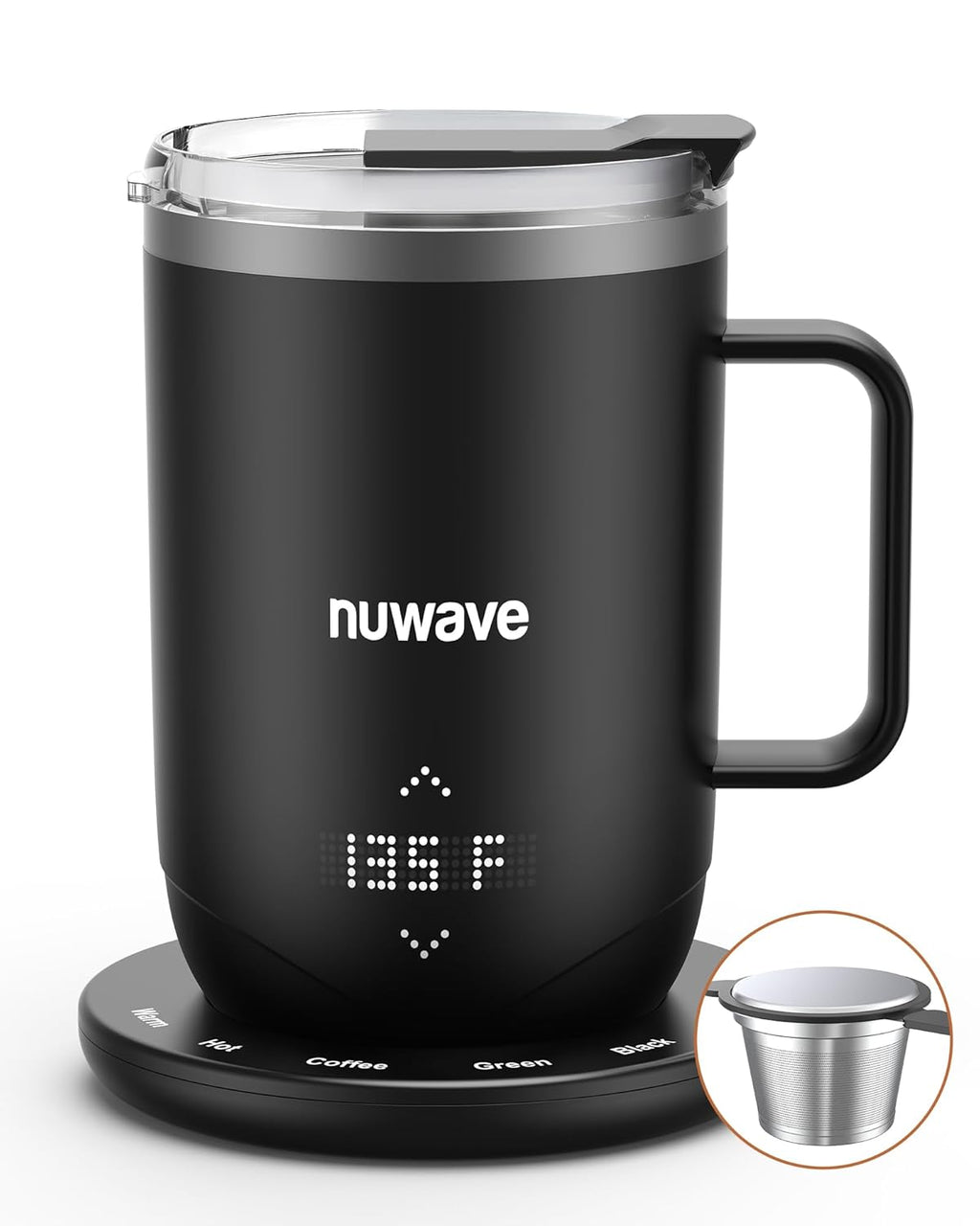 Nuwav Smar Heate Coffe Mu Rechargeable 16o Sel Heatin Temperatur Contro Mu wit LE Display Custo Bre Modes Double-Wal Vacuu Insulation 5-Hou Batter Life Aut Shut-Off