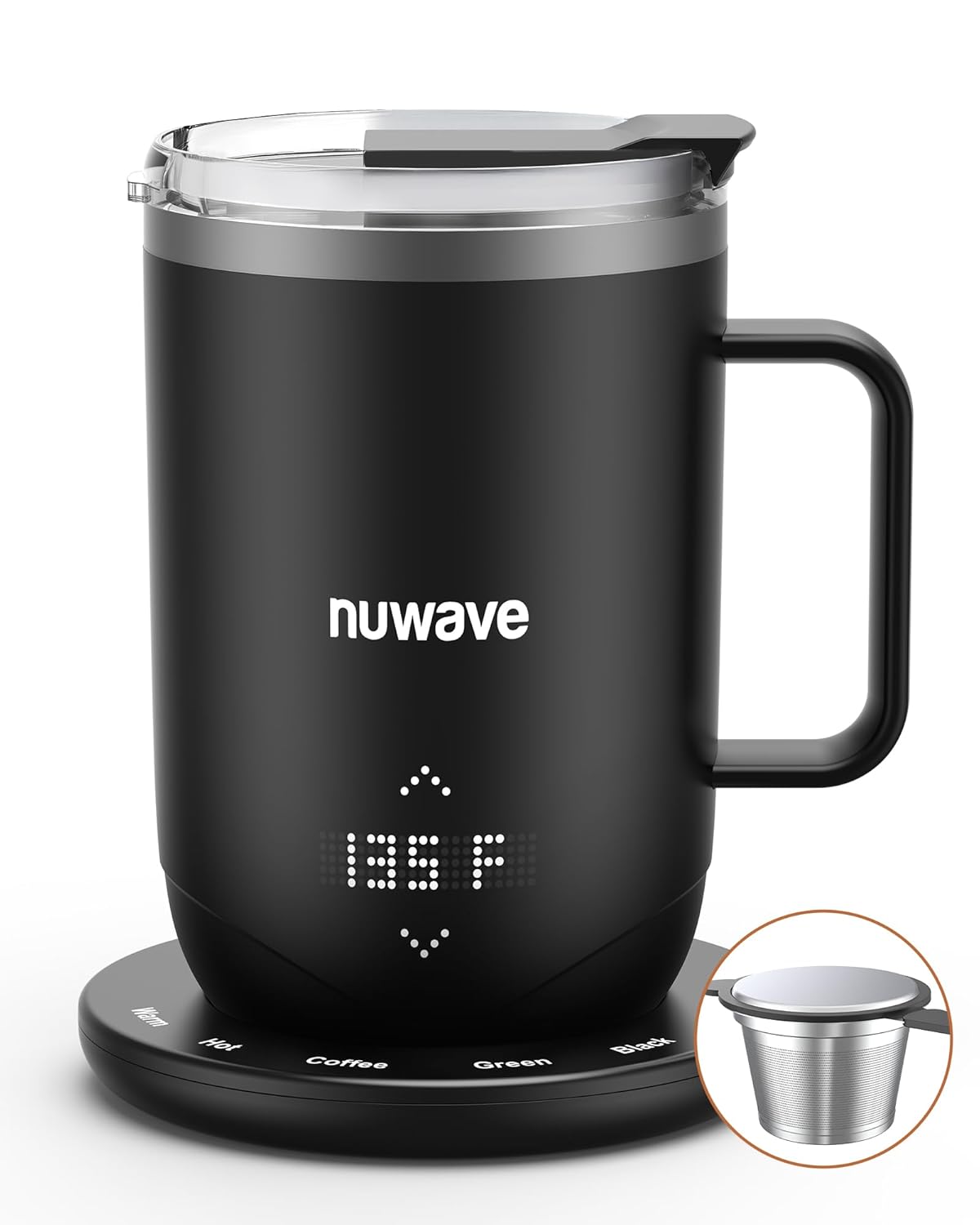 Nuwav Smar Heate Coffe Mu Rechargeable 16o Sel Heatin Temperatur Contro Mu wit LE Display Custo Bre Modes Double-Wal Vacuu Insulation 5-Hou Batter Life Aut Shut-Off
