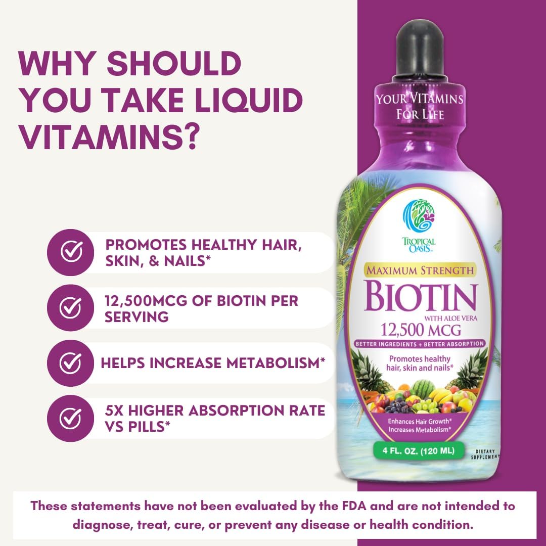 Maximum Strength Liquid Biotin Drops w/ 12,500 MCG ¨C Best Vitamins for Fast Hair Growth, Reduced Hair Loss, Healthy Skin Strong Nails -5X More Potent Than Pills¨C Max Absorption, Vegan¨C 4oz, 30 Serv