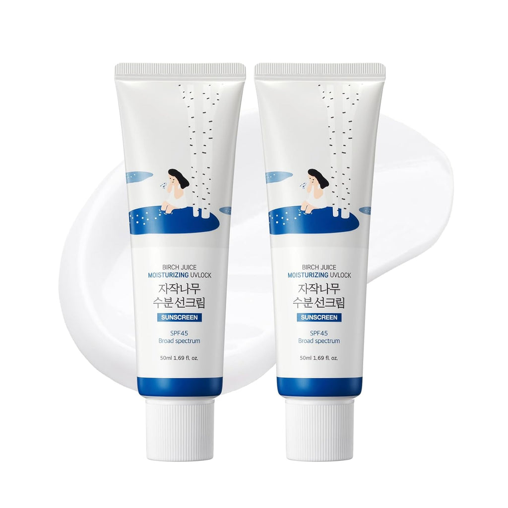 ROUND LAB Birch Juice Moisturizing UV LOCK SPF 45 1+1 (2-pack), Hydrating Lotion-like Lightweight Glow Sunscreen for Sensitive Skin, No White Cast, Fragrance-Free, Protector Solar, Korean Sunscreen