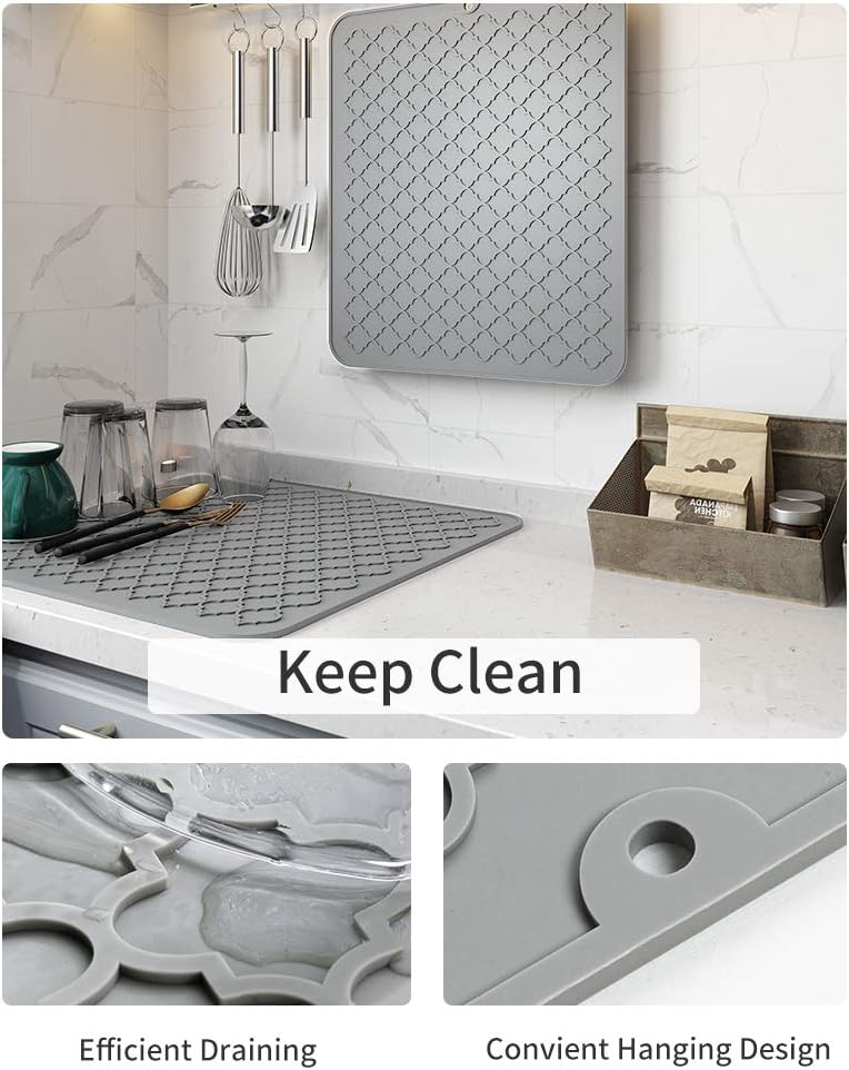 AMOAMI Dish Drying Mat,Heat-resistant,Easy Clean,Silicone Dish Drying Mats for kitchen Counter,Kitchen Gadgets Kitchen Accessories Kitchen Small Appliances (12inch x 16inch, GREY)
