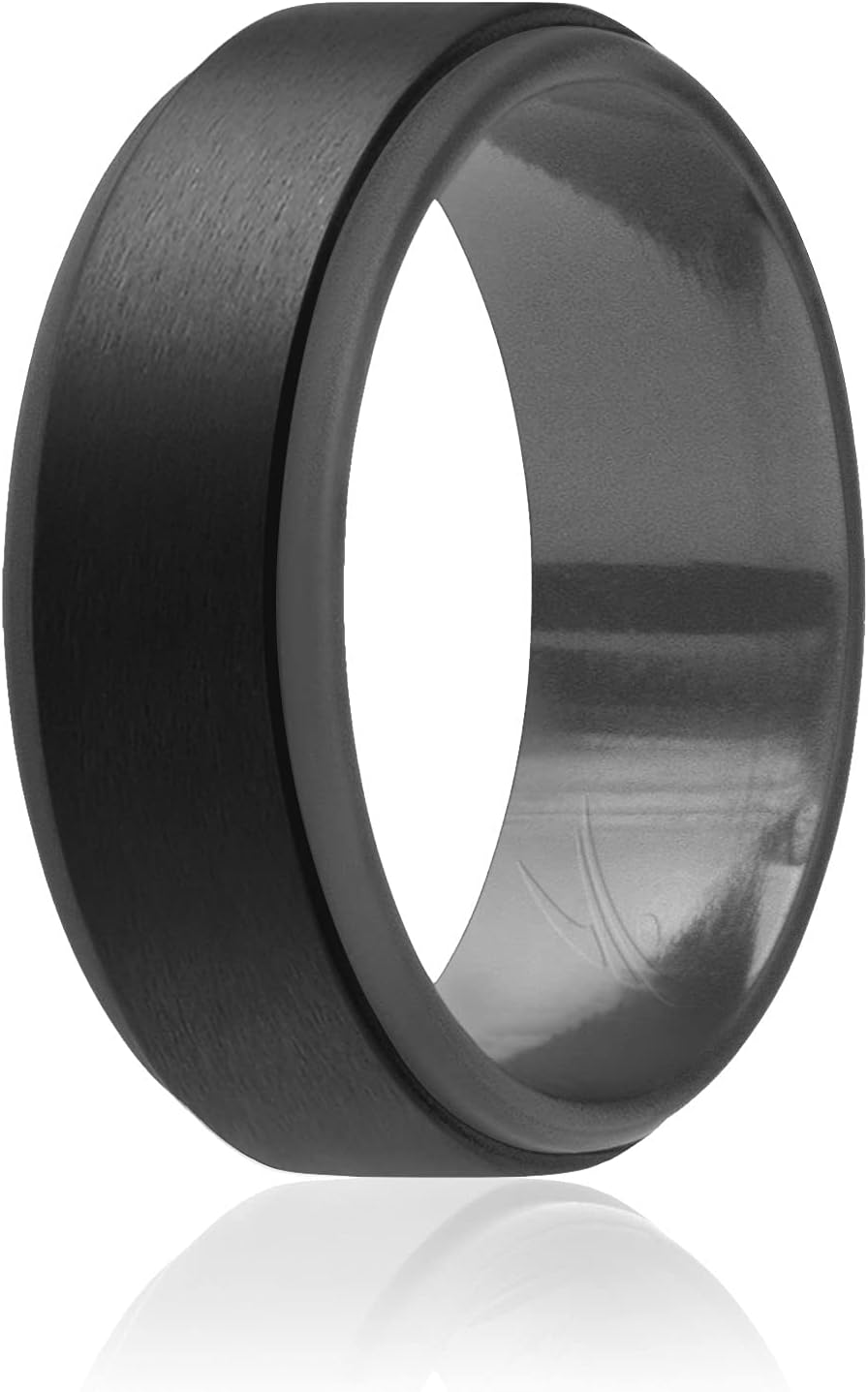 Silicon Rubbe Weddin Rin fo Men Comfor Fit Men' Weddin Band Breathabl Rubbe Engagemen Band 8m Wid 2m Thick Ste Edg Duo Single Gre Black Siz 7
