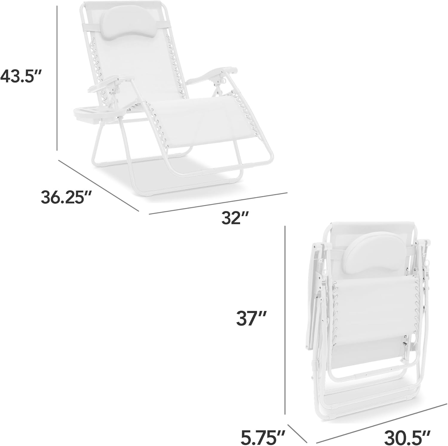 Best Choice Products Oversized Zero Gravity Chair, Folding Outdoor Patio Lounge Recliner w/Cup Holder Accessory Tray, Pillow - Snow
