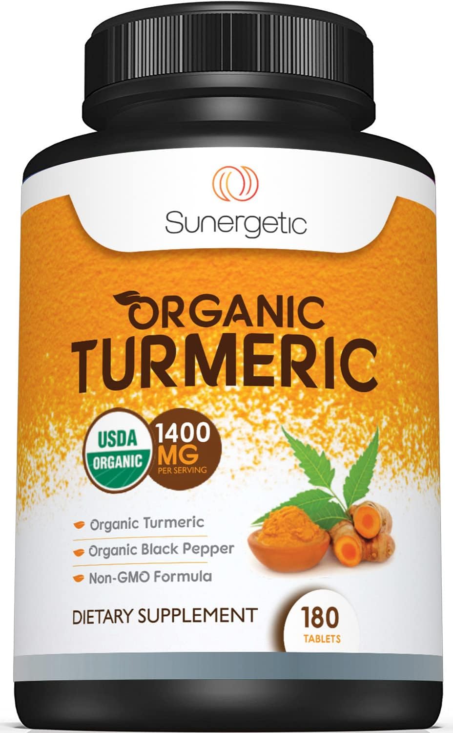 Sunergetic USDA Certified Organic Turmeric Supplement ¨C Includes Organic Turmeric & Organic Black Pepper ¨C 1,400mg of Turmeric per Serving - 180 Count (Pack of 1)