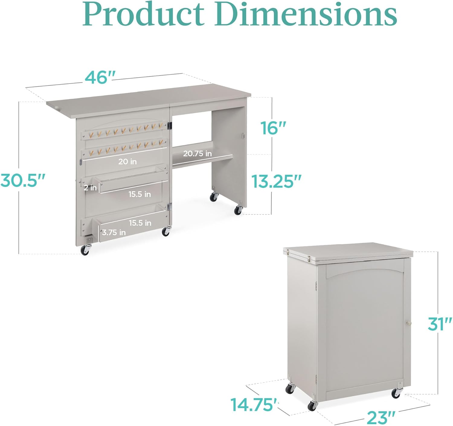 Best Choice Products Folding Sewing Table Multipurpose Craft Station & Side Desk with Compact Design, Wheels, Shelves, Storage Trays, Pegs, Magnetic Doors, Metal Doorknobs - Gray
