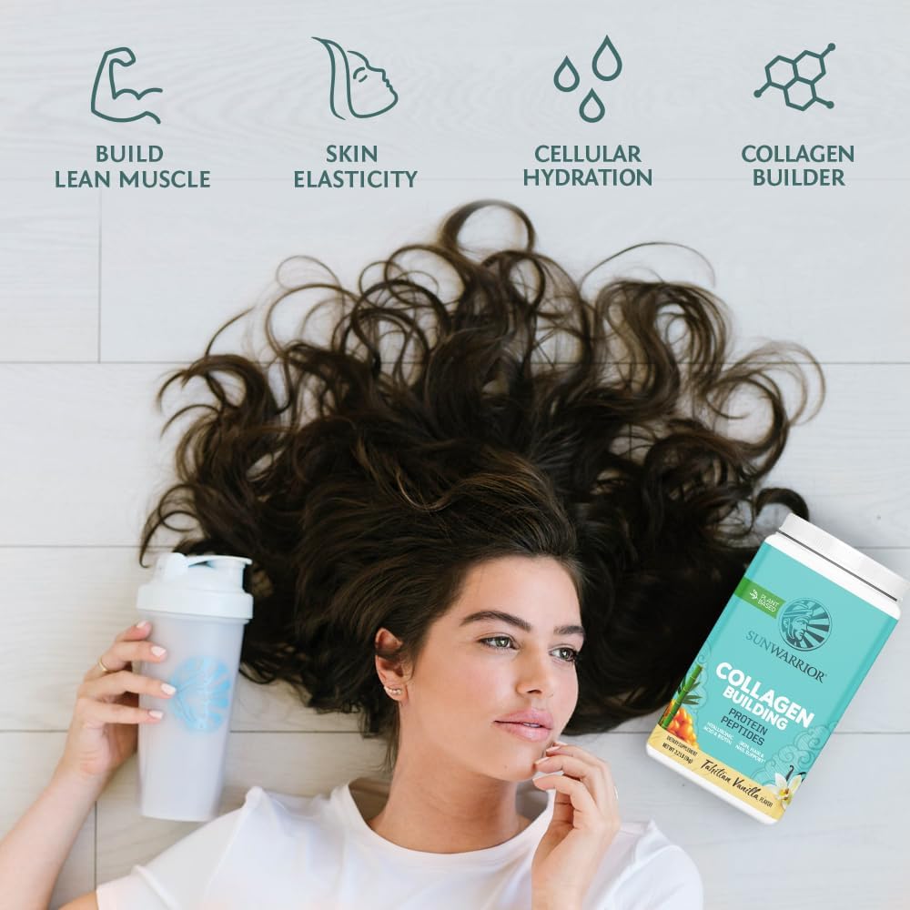 Sunwarrio Collage Peptide Buildin Powde Vega Collage fo Wome Plant-Base Protei Powde Hyaluroni Acid Biotin Silica Vitami fo Hai Ski Nail 4 Servings Vanill Flavored