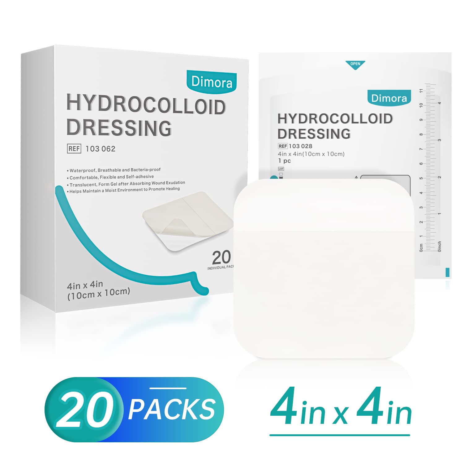 Dimora 20 Pack Hydrocolloid Wound Dressing, Ultra Thin 4inch x 4inch Large Patch Bandages with Self-Adhesive