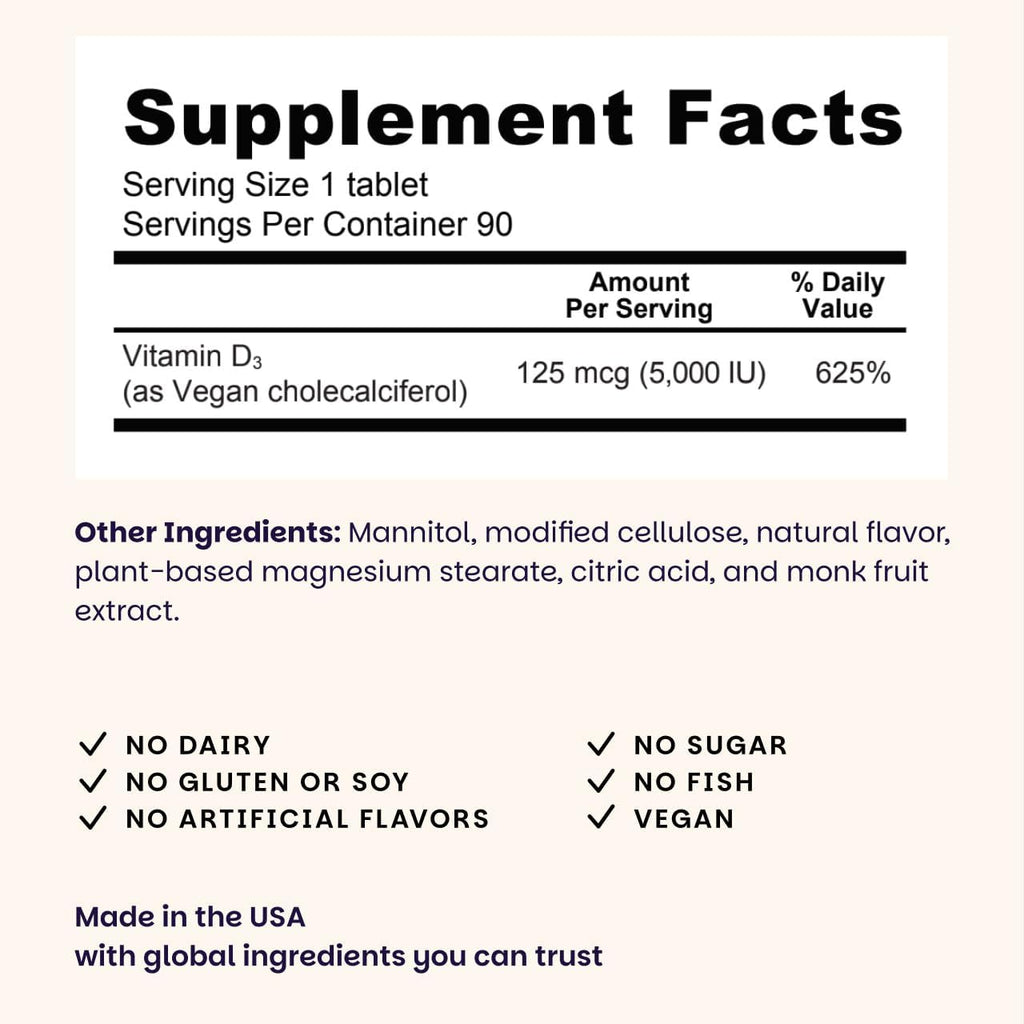 EZ Melts Dissolvable Vitamin D3 5,000 IU - Vegan Vitamin D Supplement for Bone Teeth Support - No Artificial Flavors - Plant-Based Non-GMO - Green Apple - 90 Dissolvable Tablets (90 Servings)