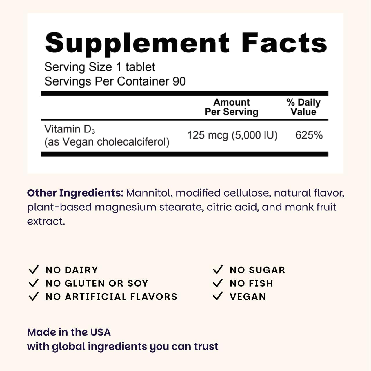 EZ Melts Dissolvable Vitamin D3 5,000 IU - Vegan Vitamin D Supplement for Bone Teeth Support - No Artificial Flavors - Plant-Based Non-GMO - Green Apple - 90 Dissolvable Tablets (90 Servings)